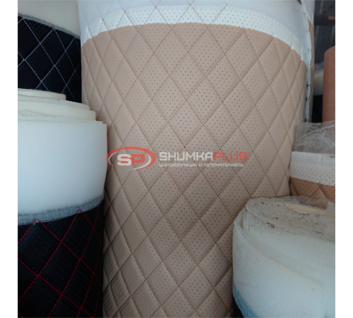 купить Стеганая экокожа перфорированная ромб бежевая с бежевой строчкой в Москве